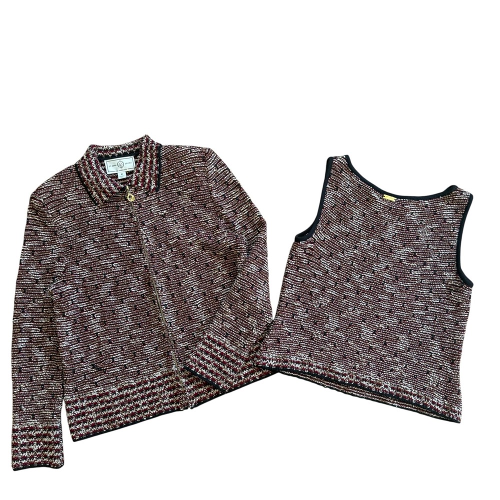 St John Sport Marie Gray Knit Jacket and Shell Set Burgundy Black Cream M S